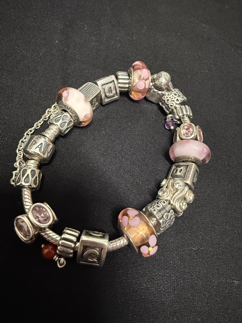 Pandora- Pink Murano Glass Charm Bracelet - Silver Tone